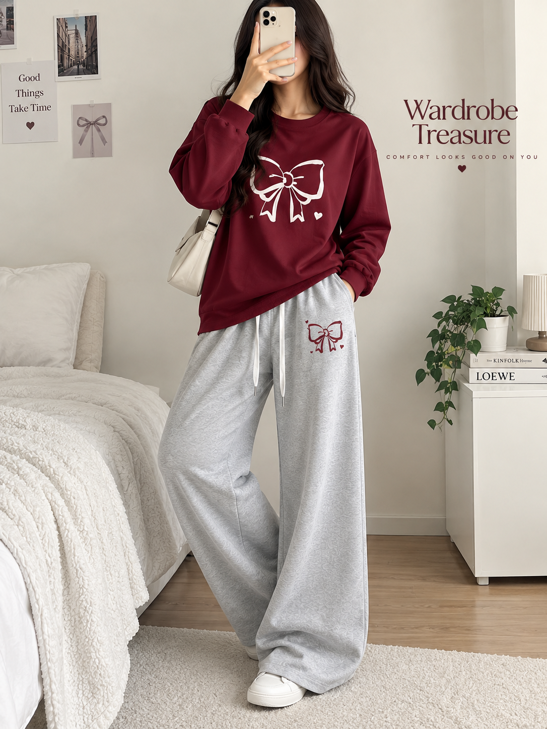 Maroon with Grey Bow Printed Winter Tracksuit For Her