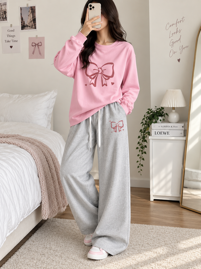 Pink with Grey Bow Printed Winter Tracksuit For Her