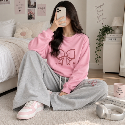 Pink with Grey Bow Printed Winter Tracksuit For Her