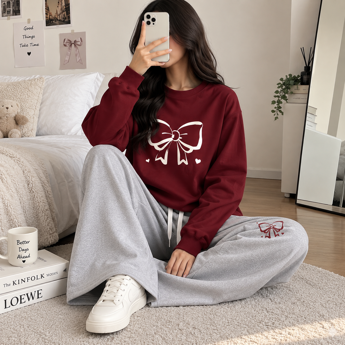 Maroon with Grey Bow Printed Winter Tracksuit For Her
