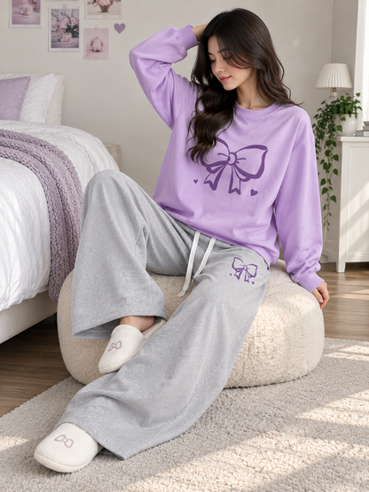Lilac with Grey Bow Printed Winter Tracksuit For Her