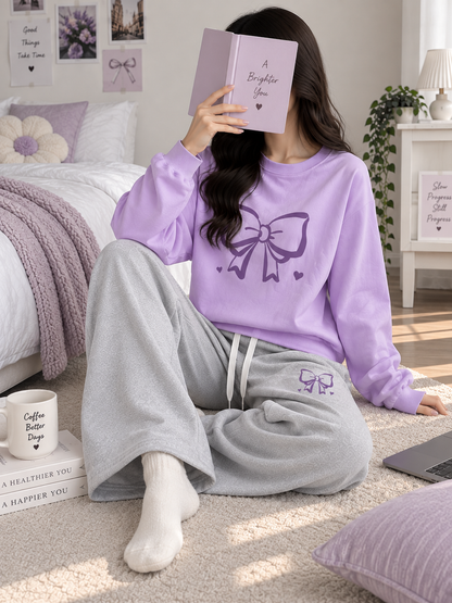 Lilac with Grey Bow Printed Winter Tracksuit For Her