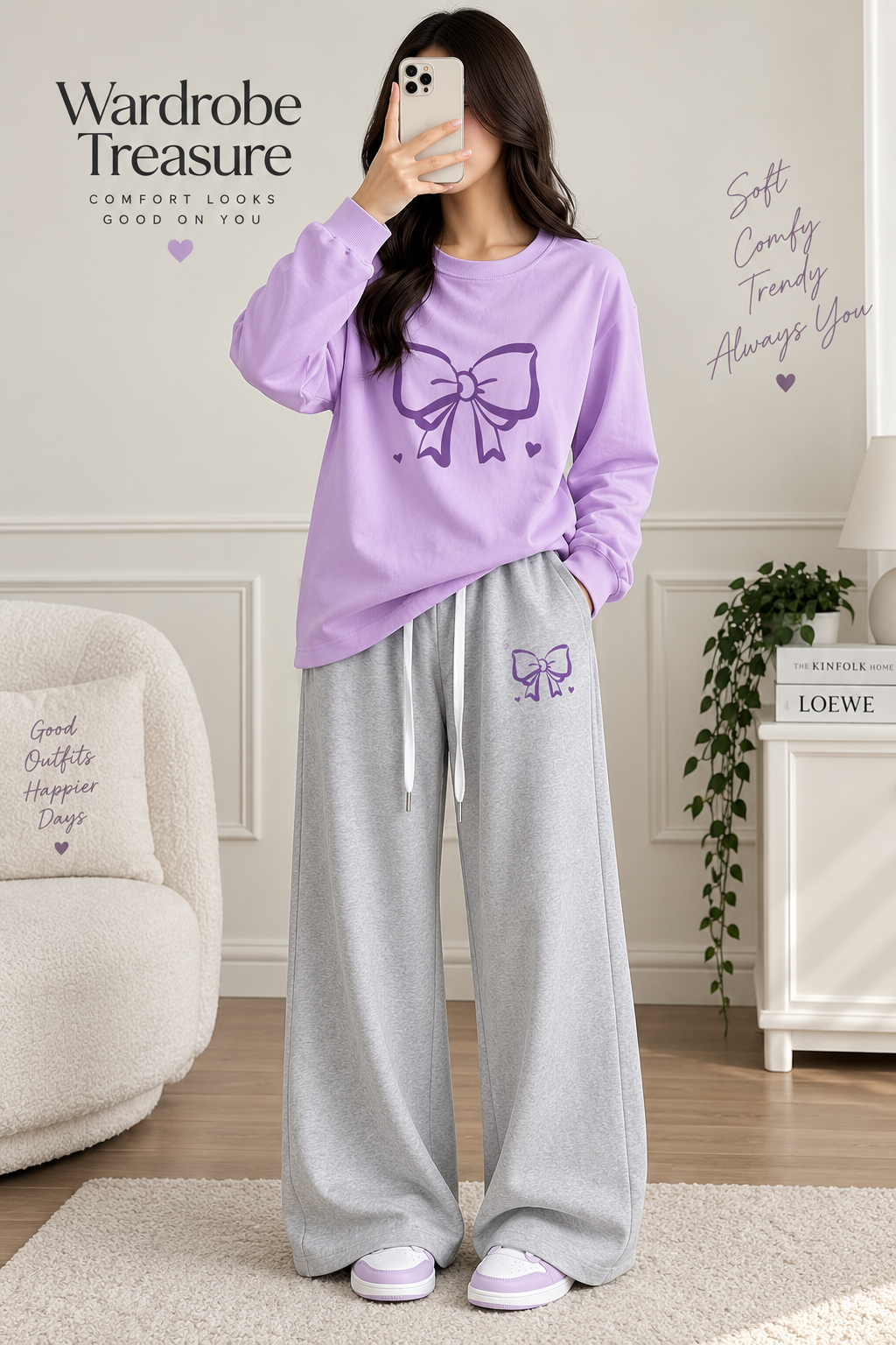 Lilac with Grey Bow Printed Winter Tracksuit For Her