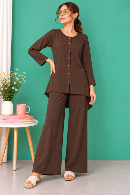 Chocolate Brown Button Down Linen Lounge Set