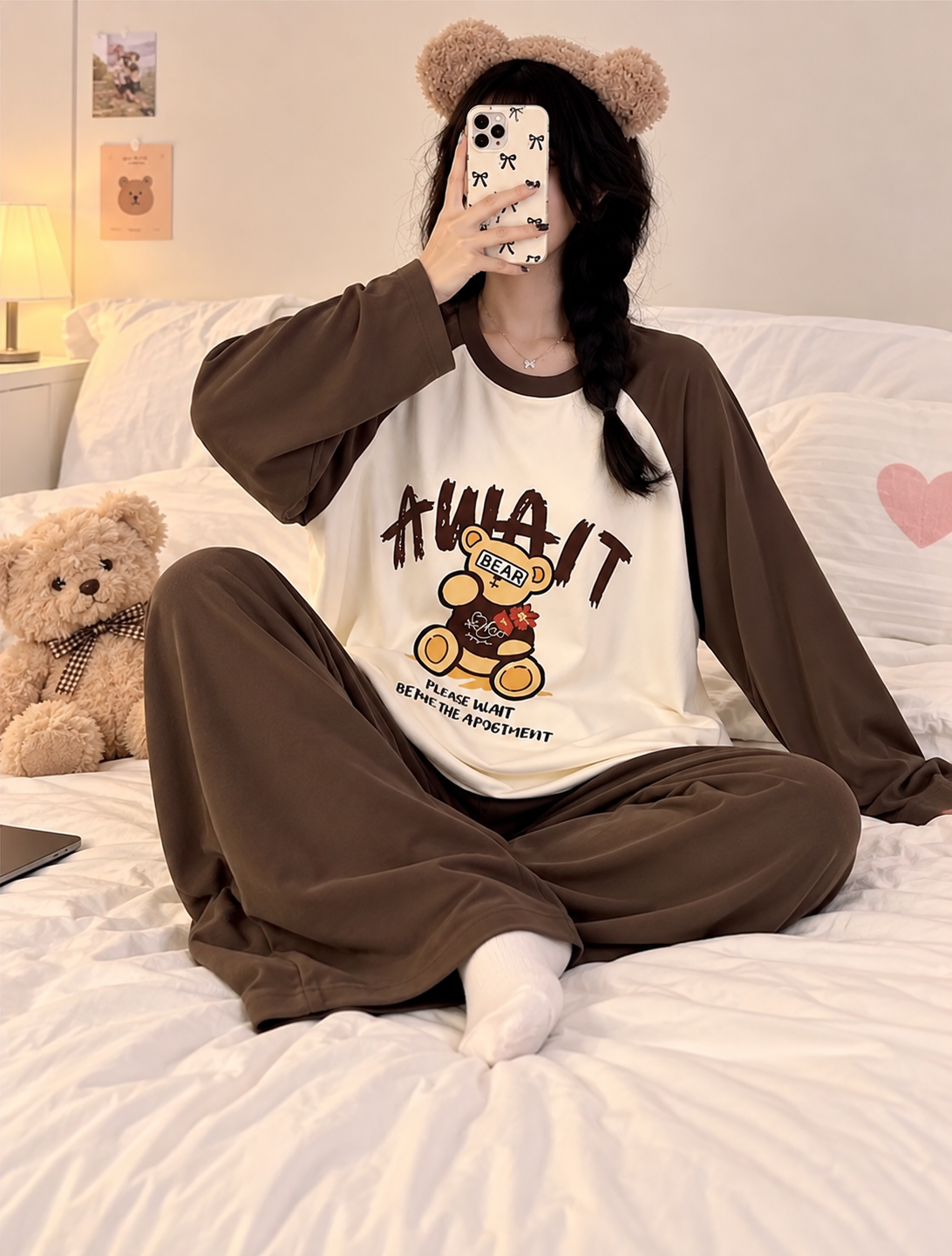 Chocolate Brown Teddy Printed Full Sleeves PJ Set For Her