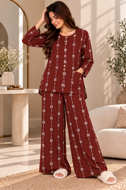 Burgundy Bow Print Boski Linen PJ Set For Her