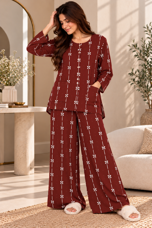 Burgundy Bow Print Boski Linen PJ Set For Her