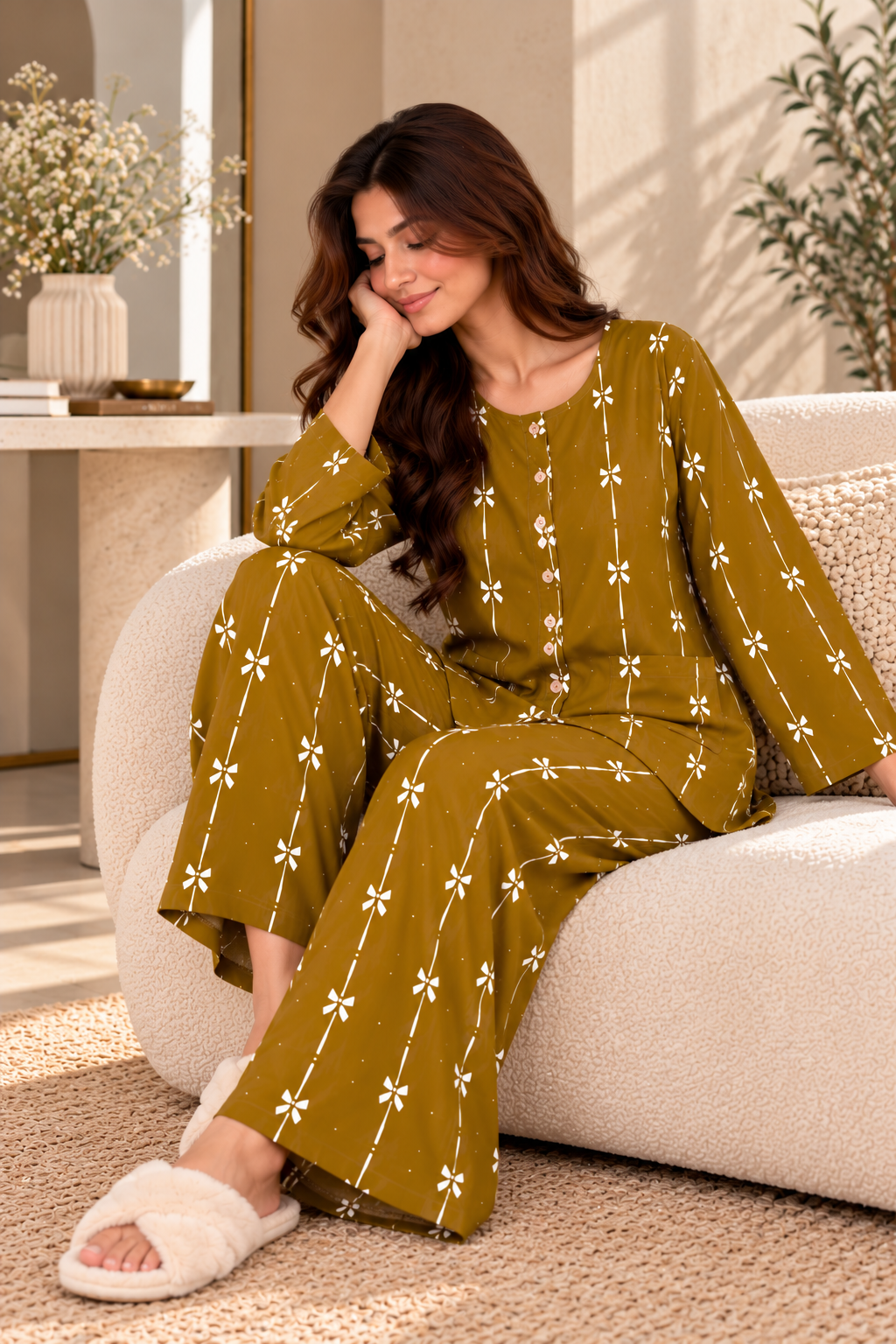 Mustard Bow Print Boski Linen PJ Set For Her
