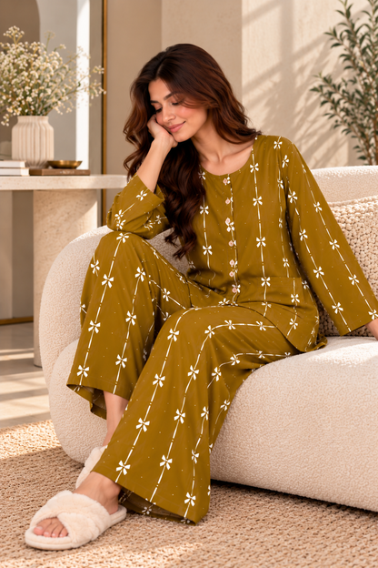 Mustard Bow Print Boski Linen PJ Set For Her