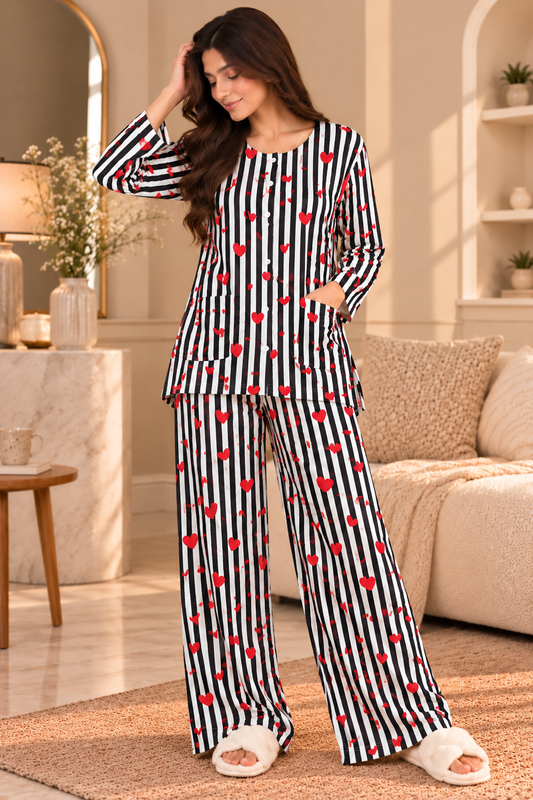 Red Heart Stripe Boski Linen PJ Set For Her