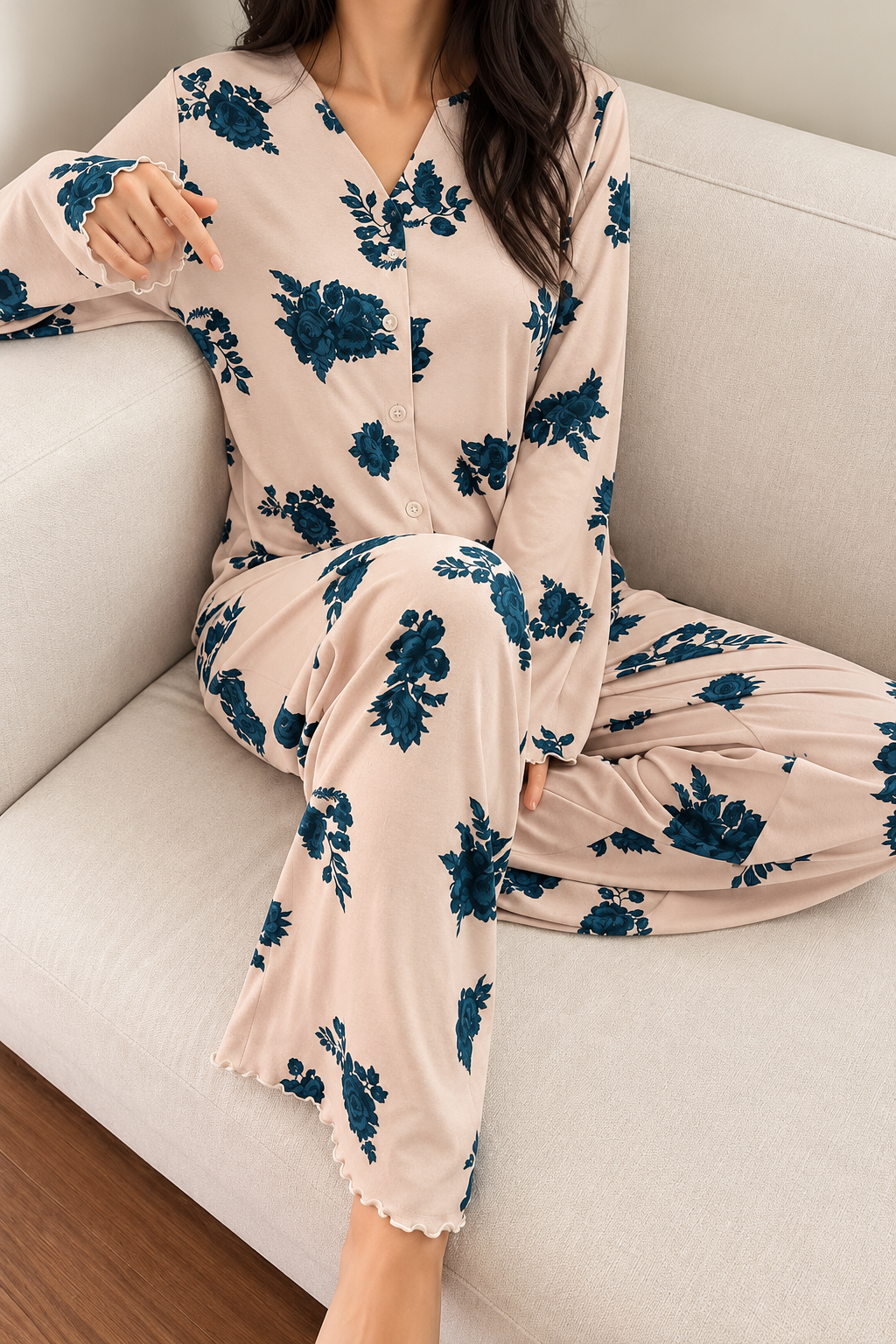 Beige Teal Floral Printed V-Neck Button PJ Set For Her
