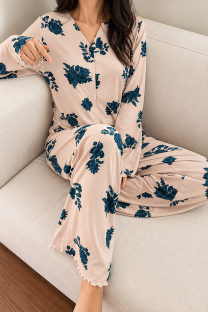 Beige Teal Floral Printed V-Neck Button PJ Set For Her