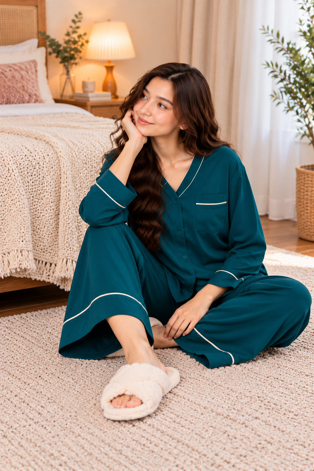 Teal Green Linen V-Neck Button PJ Set with White Piping