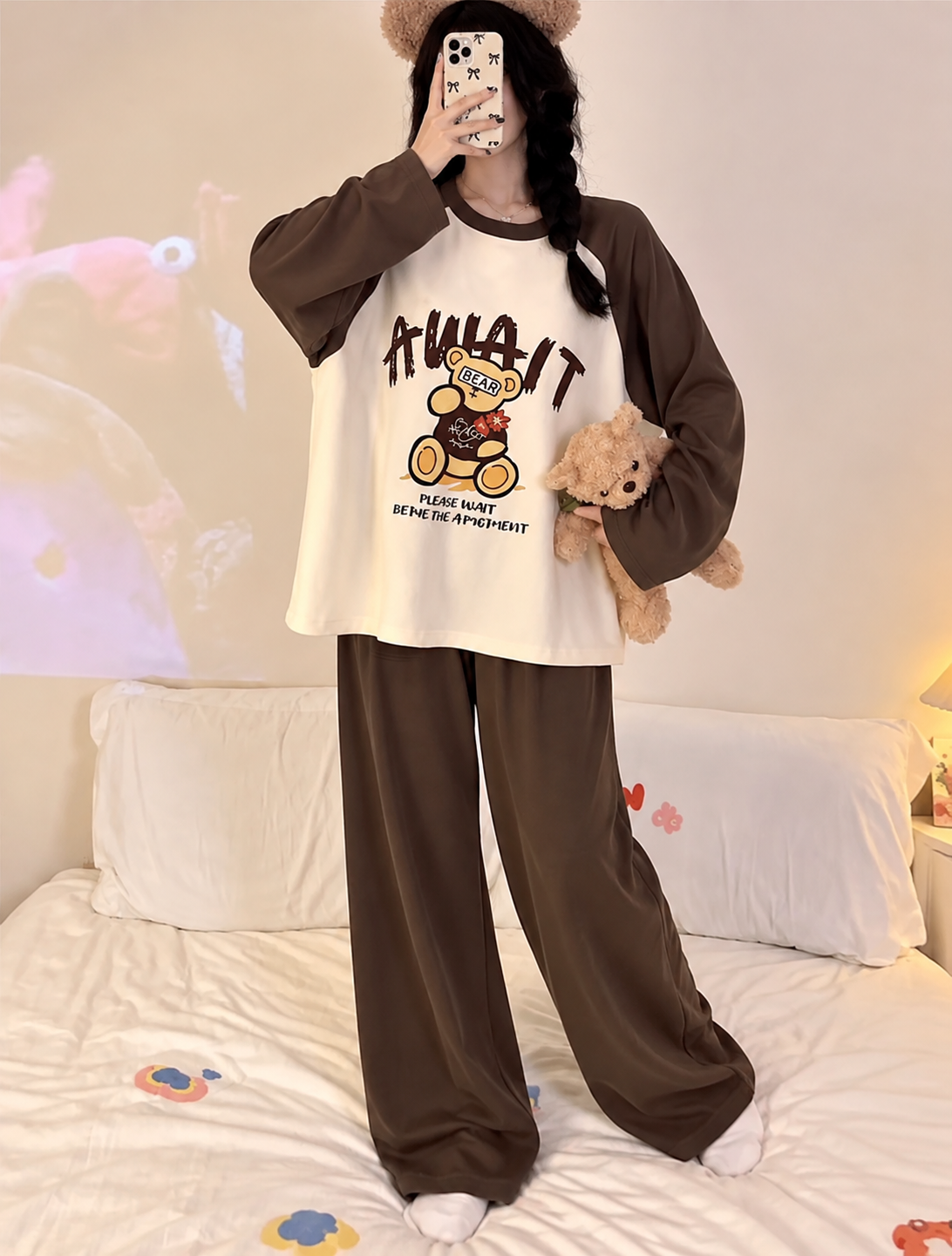 Chocolate Brown Teddy Printed Full Sleeves PJ Set For Her