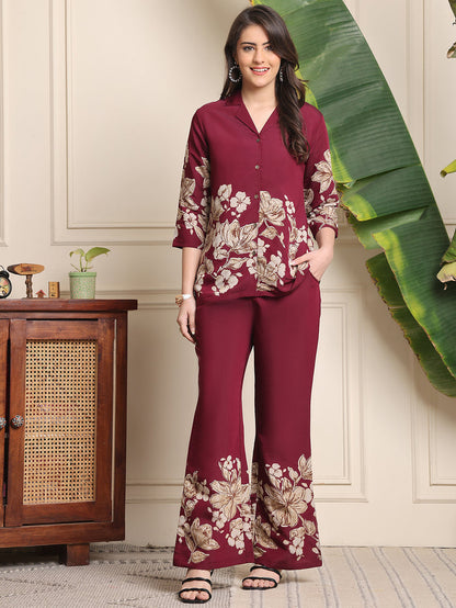 Wine Floral Printed Co Ord Set
