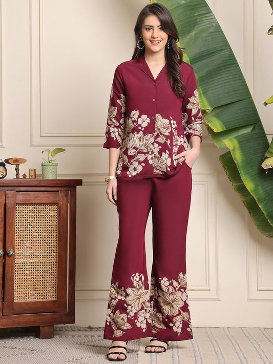 Wine Floral Printed Co Ord Set