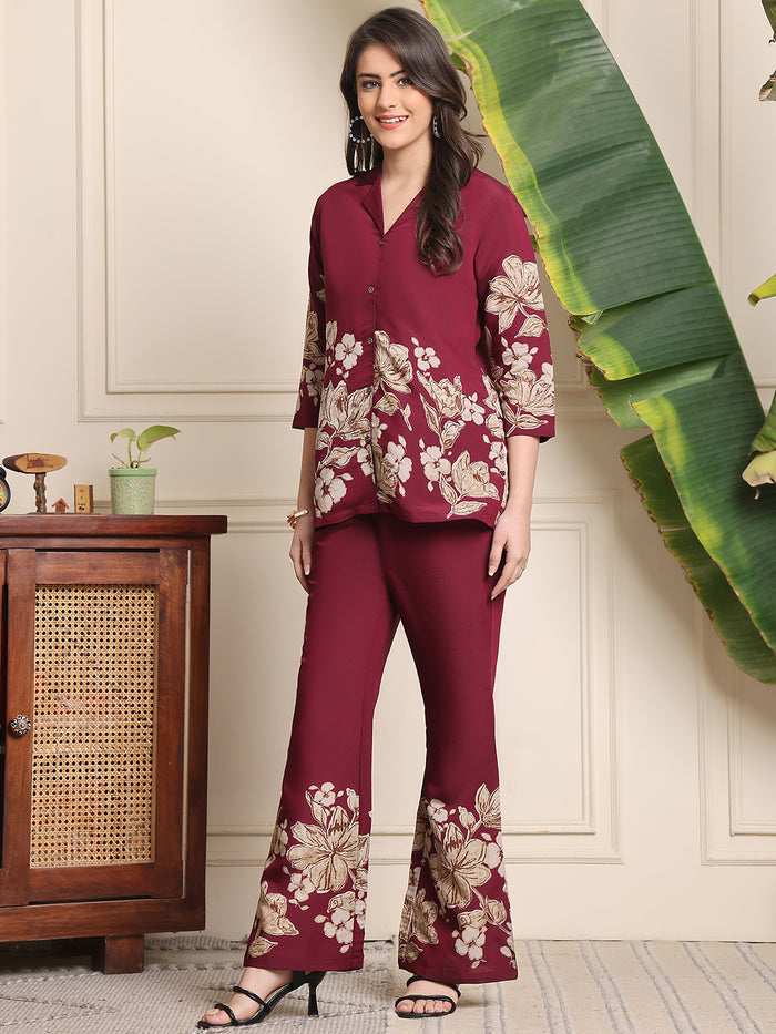 Wine Floral Printed Co Ord Set