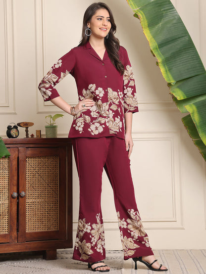 Wine Floral Printed Co Ord Set