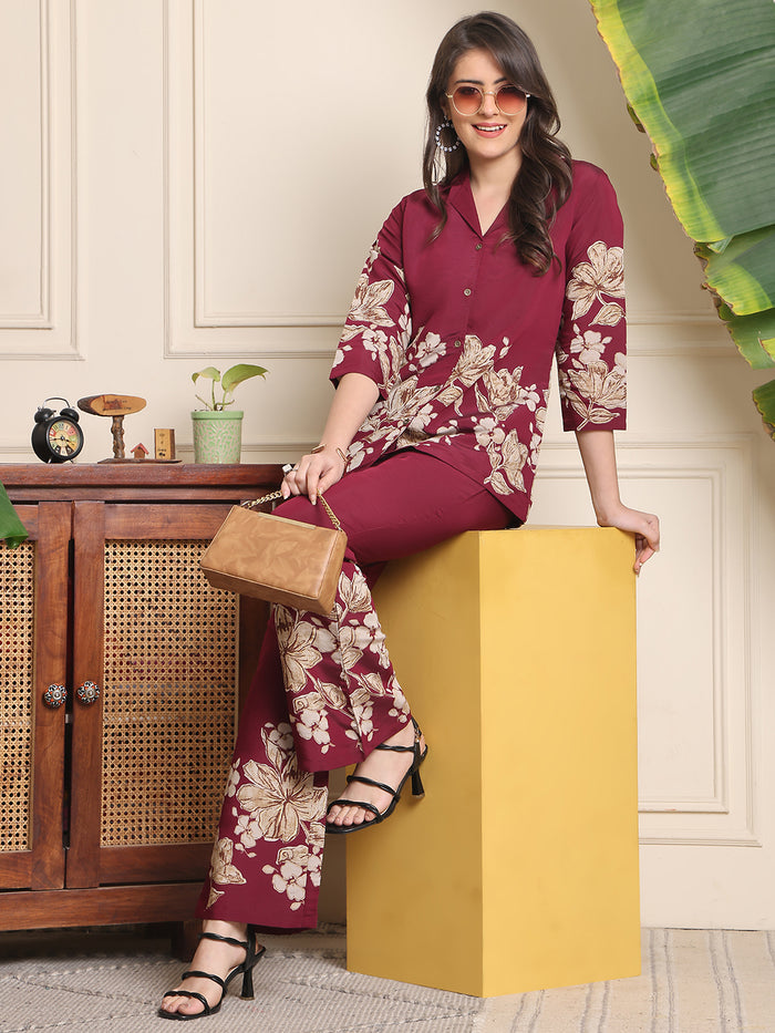 Wine Floral Printed Co Ord Set