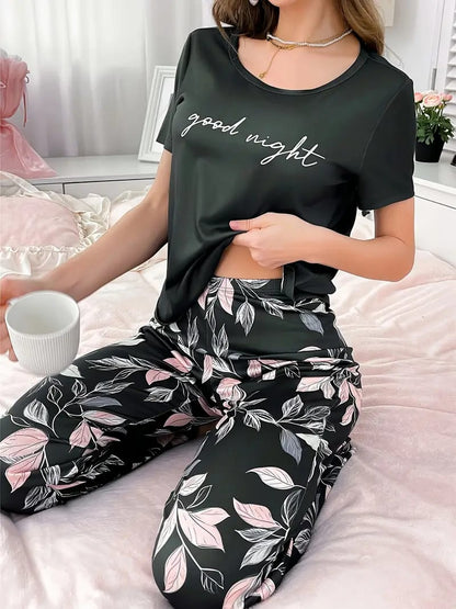 Black Good Night Printed with Floral Printed Pyjama Set For Her