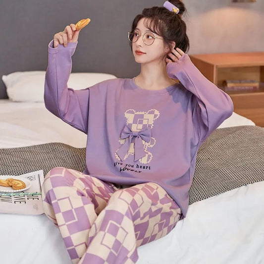 Lilac Lovely Bear Printed PJ Set For Her