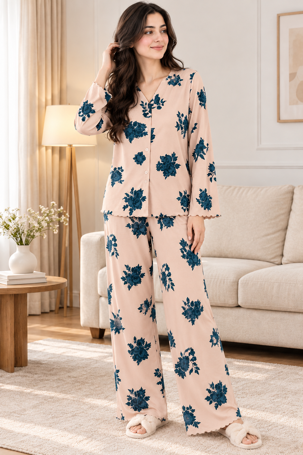 Beige Teal Floral Printed V-Neck Button PJ Set For Her