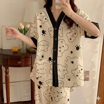Off White with Black Bears Printed V-Neck Button Half Sleeves Printed PJ Set For Her