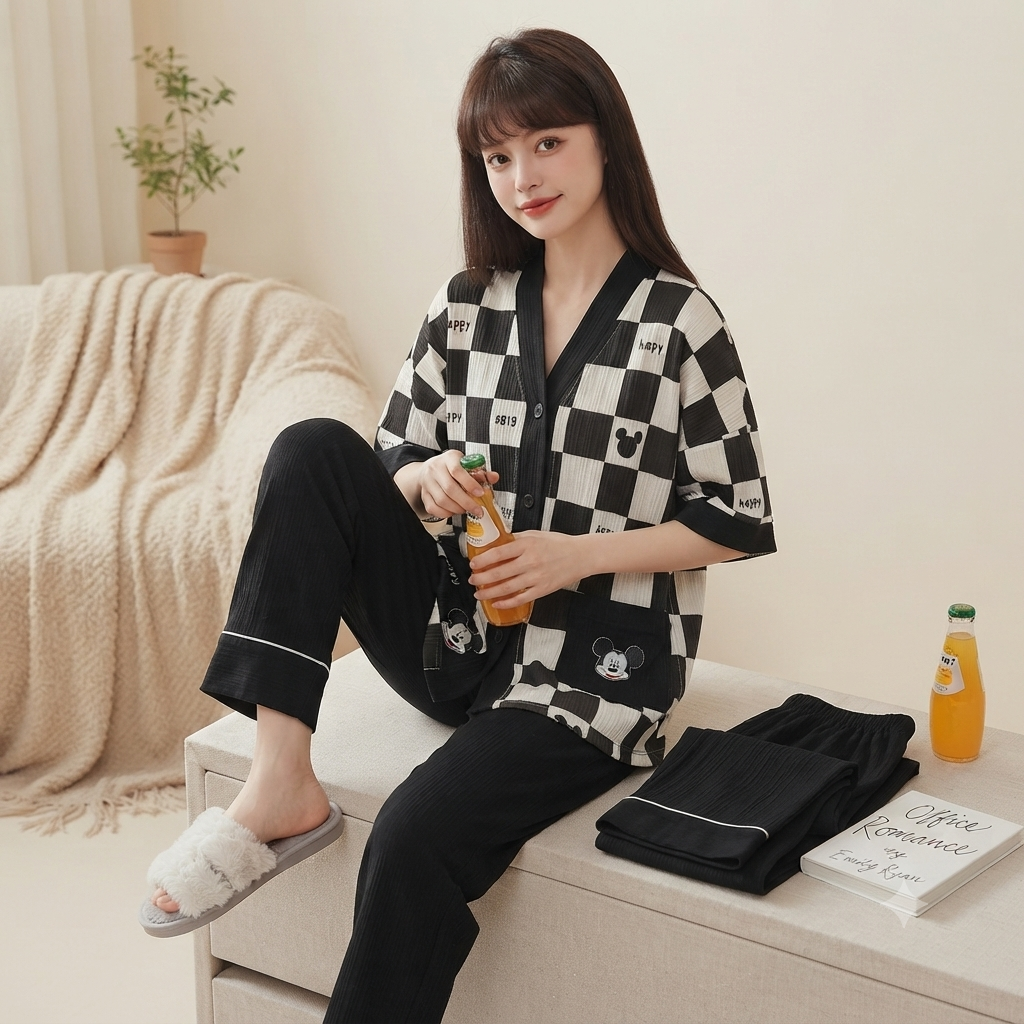 White Black Cheq Mini Mouse Printed Half Sleeves V-Neck Button Printed PJ Set For Her