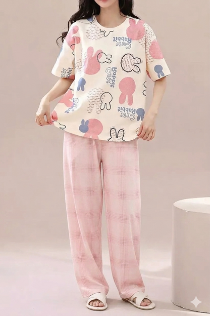 Off White with Pink Multi Rabbit Half Sleeves Printed PJ Set For Her