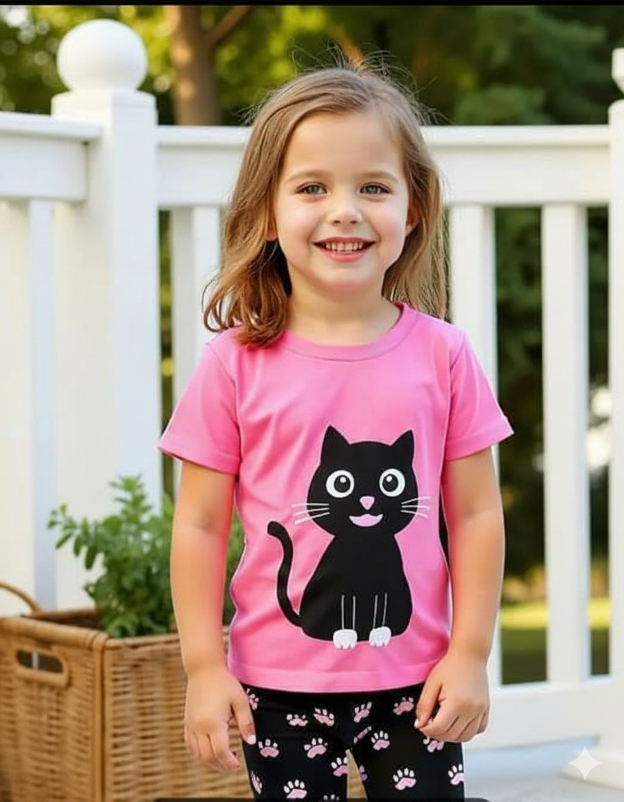 Pink with Black Cat Printed Half Sleeves Kids Suit