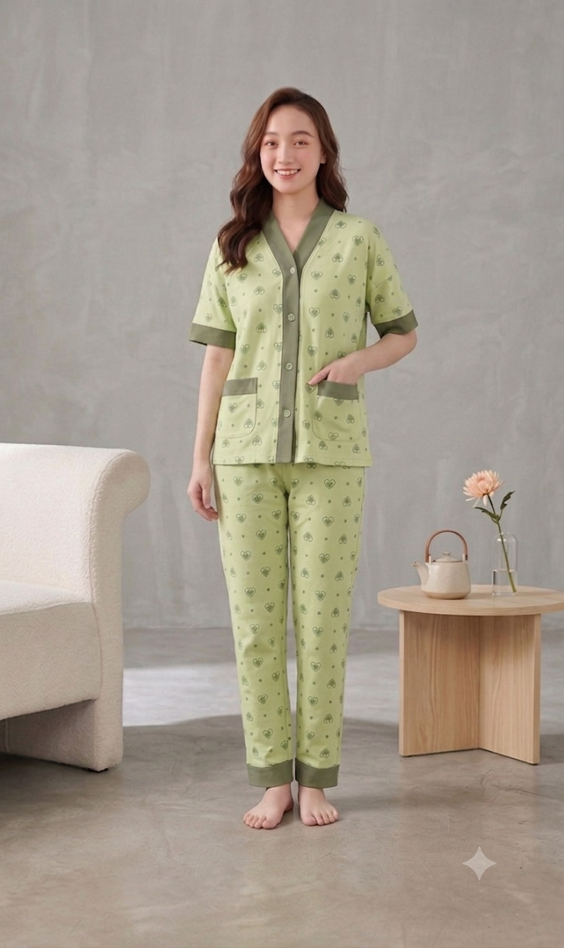 Olve Green Multi Hearts Printed Half Sleeves V-Neck Button PJ Set For Her