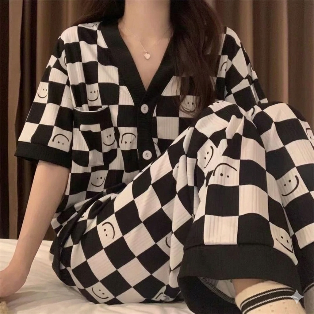 Off White with Black Cheq Smiley Printed Half Sleeves V-Neck Button Printed PJ Set For Her