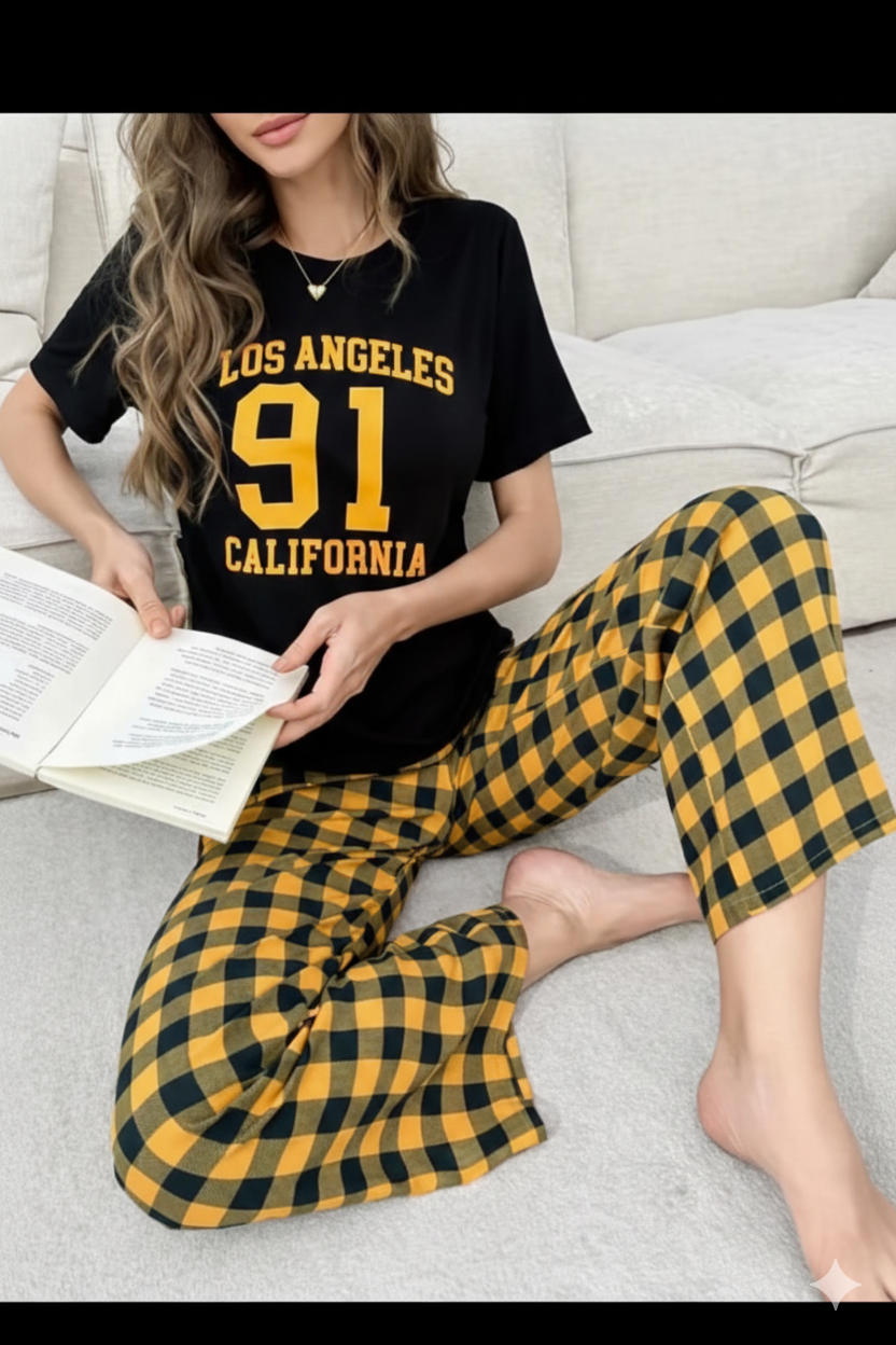 Black Los Angeles 91 Printed PJ Set For Her