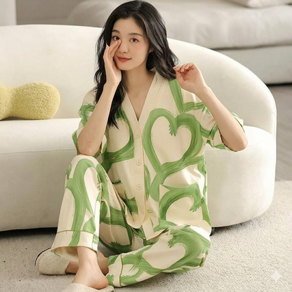 Off White with Green Hearts Printed V-Neck Button Printed PJ Set For Her