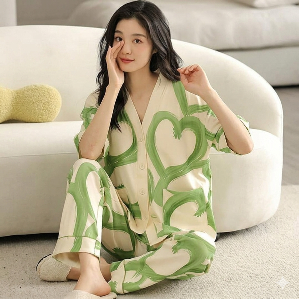 Off White with Green Hearts Printed Half Sleeves V-Neck Button Printed PJ Set For Her