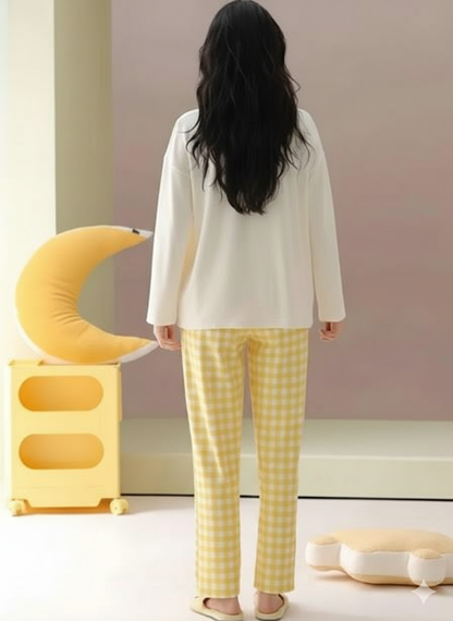 Off White Cloud & Stars Printed Full Sleeves PJ Set For Her