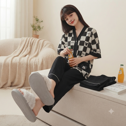 White Black Cheq Mini Mouse Printed Half Sleeves V-Neck Button Printed PJ Set For Her
