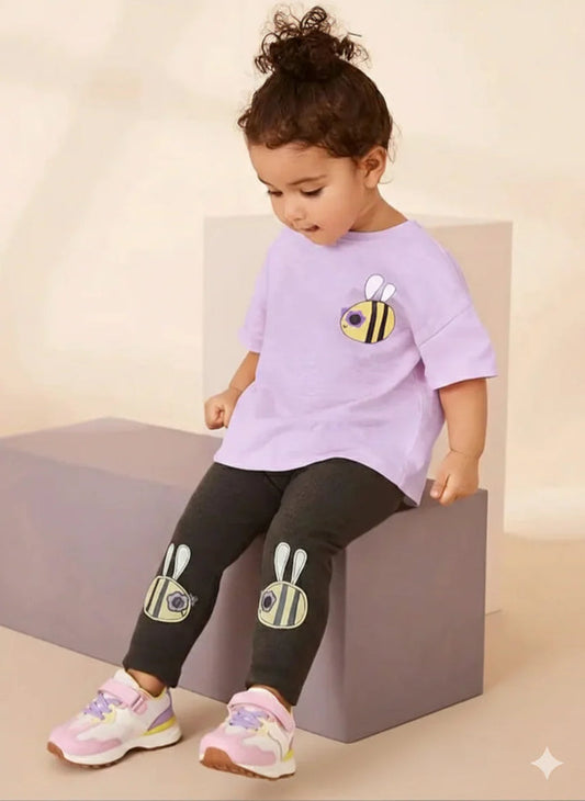 Lilac Honey Bee Printed Half Sleeves Kids Suit