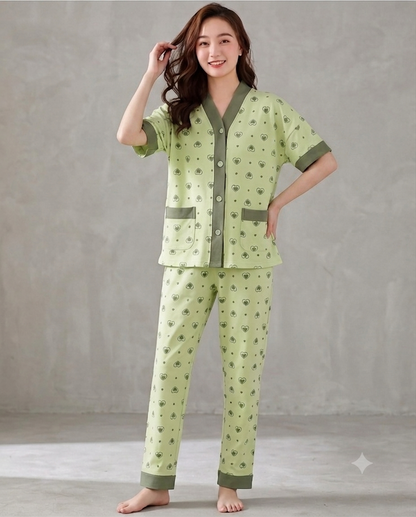 Olve Green Multi Hearts Printed Half Sleeves V-Neck Button PJ Set For Her