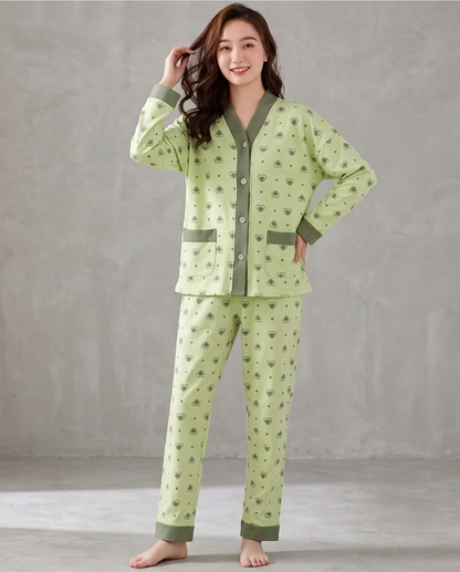 Olve Green Multi Hearts Printed V-Neck Button PJ Set For Her