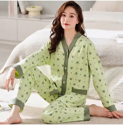 Olve Green Multi Hearts Printed V-Neck Button PJ Set For Her