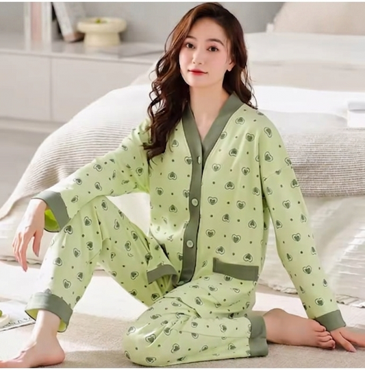 Olve Green Multi Hearts Printed V-Neck Button PJ Set For Her