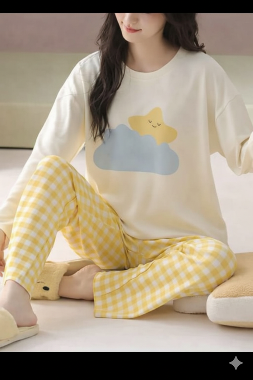 Off White Cloud & Stars Printed Full Sleeves PJ Set For Her