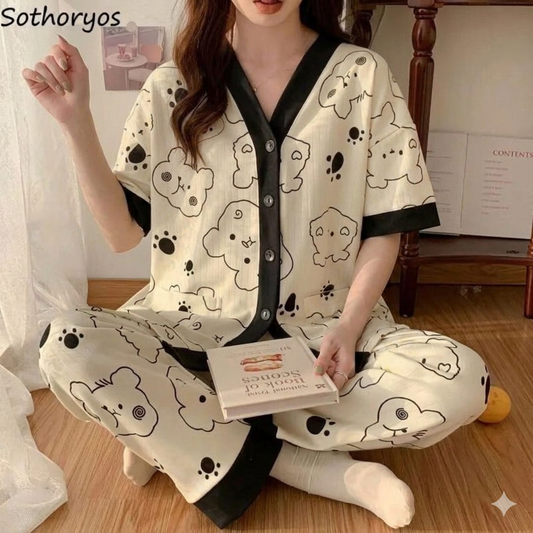 Off White with Black Bears Printed V-Neck Button Half Sleeves Printed PJ Set For Her