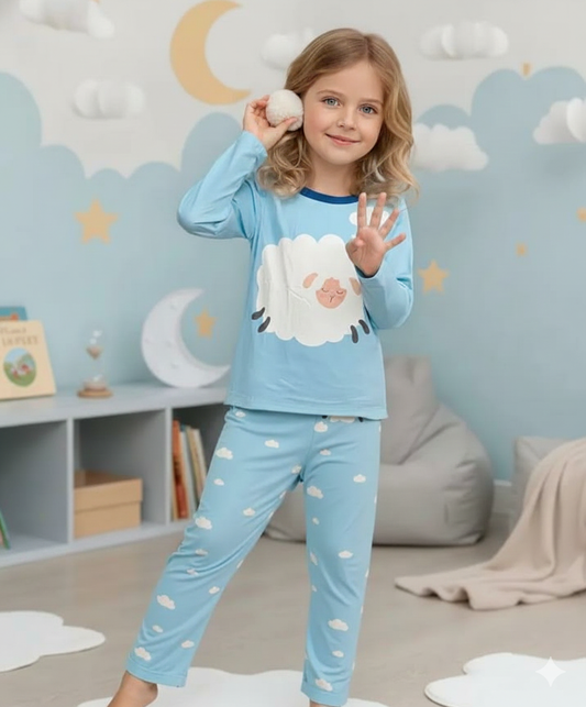 Light Blue with White Sheep Printed Full Sleeves Kids Suit