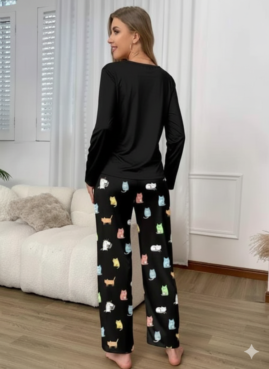 Black with White & Brown Cats Printed Full Sleeves PJ Set For Her
