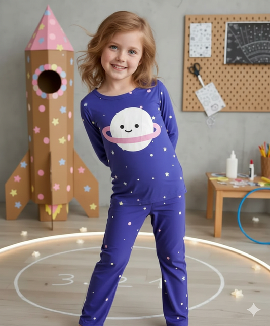 Purple Planet with Stars Printed Full Sleeves Kids Suit