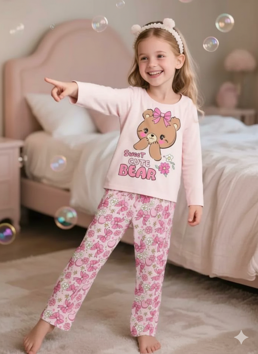 Pink Sweet Cute Bear Printed Full Sleeves Kids Suit