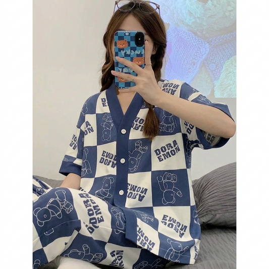 White with Blue Doraemon Printed V-Neck Button Half Sleeves Printed PJ Set For Her