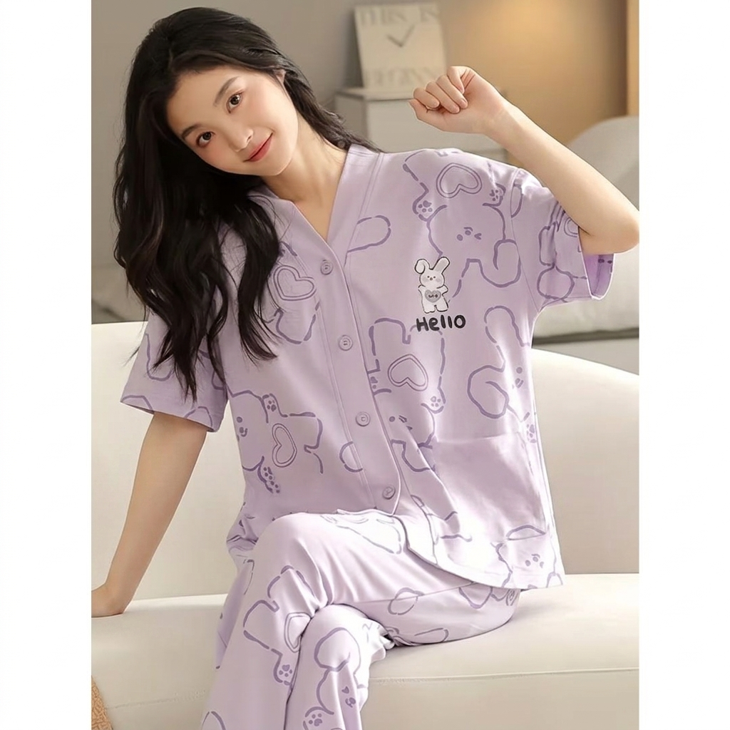Lilac Love Bunny Printed V-Neck Button Printed PJ Set For Her